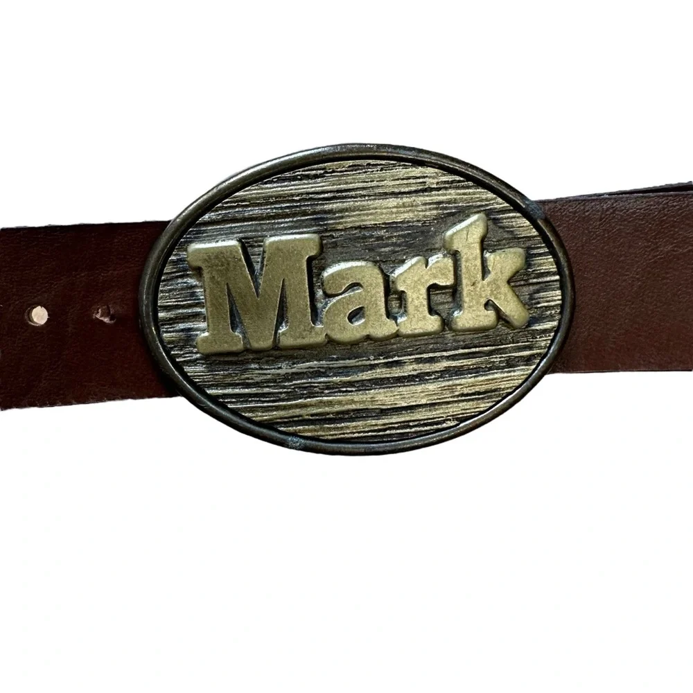 Oden Brown Leather Belt with Personalized -MARK- Name Buckle Size 26”-28”